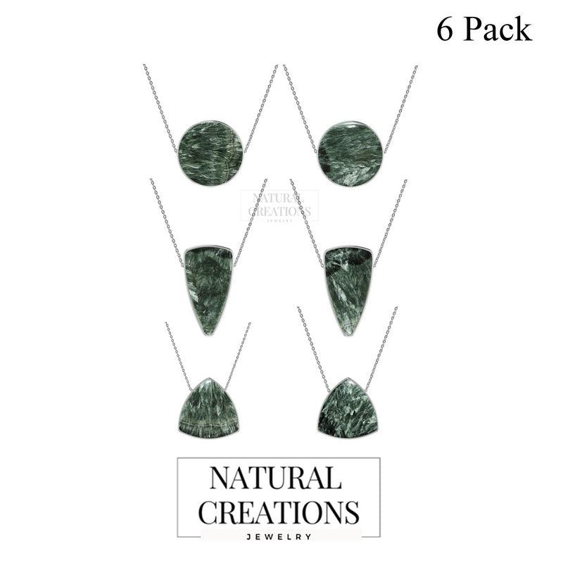 925 Sterling Silver Cab Seraphinite Slider Necklace With Chain 18" Bezel Set Jewelry Pack of 6