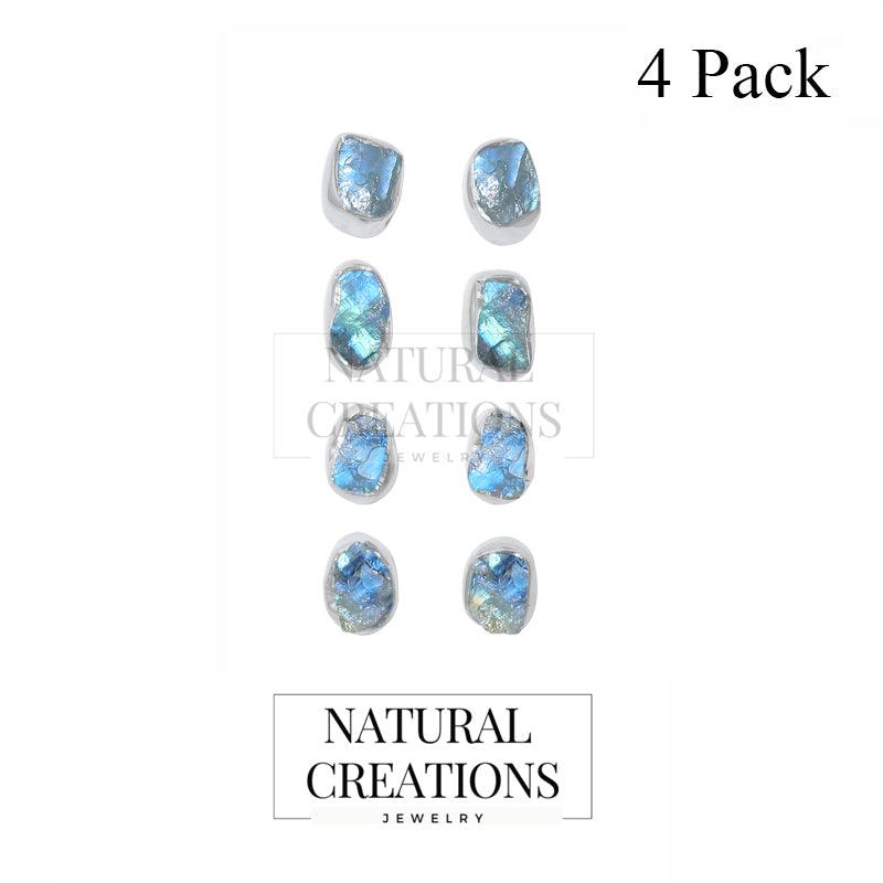 925 Sterling Silver Studs Bezel Setting Natural Rough Gemstone Birthstone Earrings Jewelry