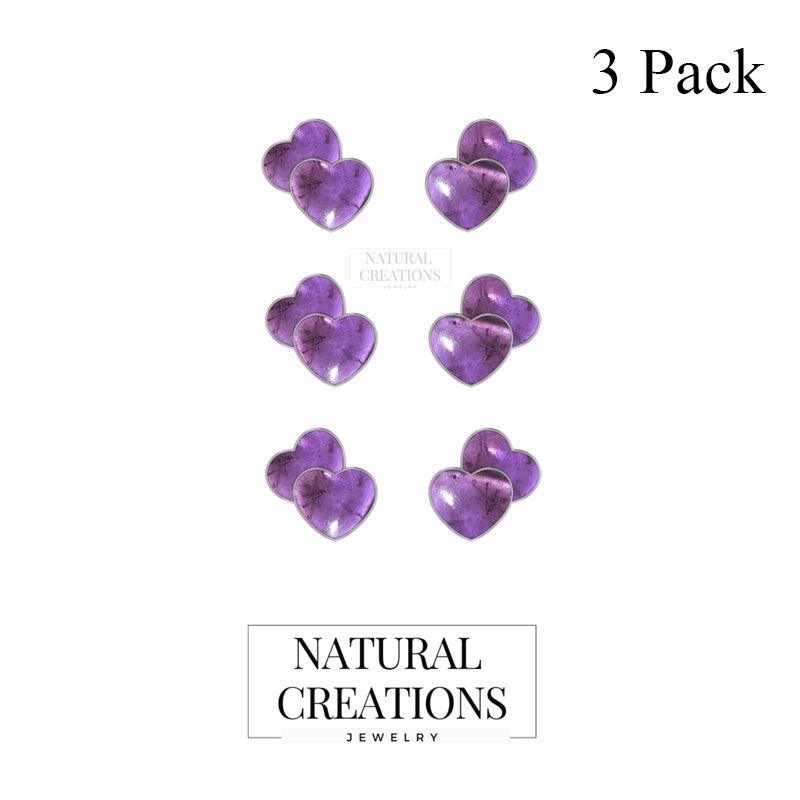 925 Sterling Silver Natural Amethyst Double Heart Cab Earring Bezel Set Jewelry Pack of 3
