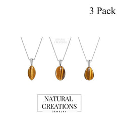 925 Sterling Silver Cab Tiger Eye Necklace Pendant With Chain 18" Bezel Set Jewelry Pack of 3