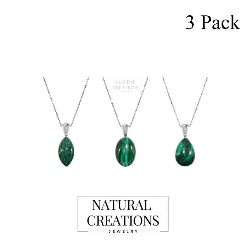 925 Sterling Silver Cab Malachite Necklace Pendant With Chain 18" Bezel Set Jewelry Pack of 3