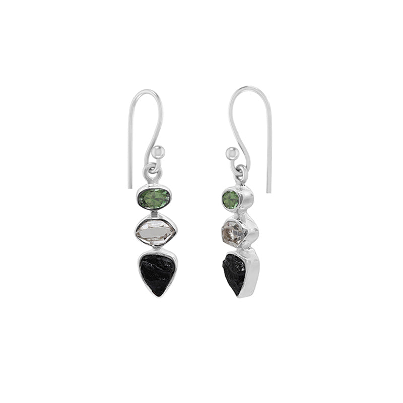 Designer Black Tourmaline Earrings Studded With Herkimer & Green Tourmaline