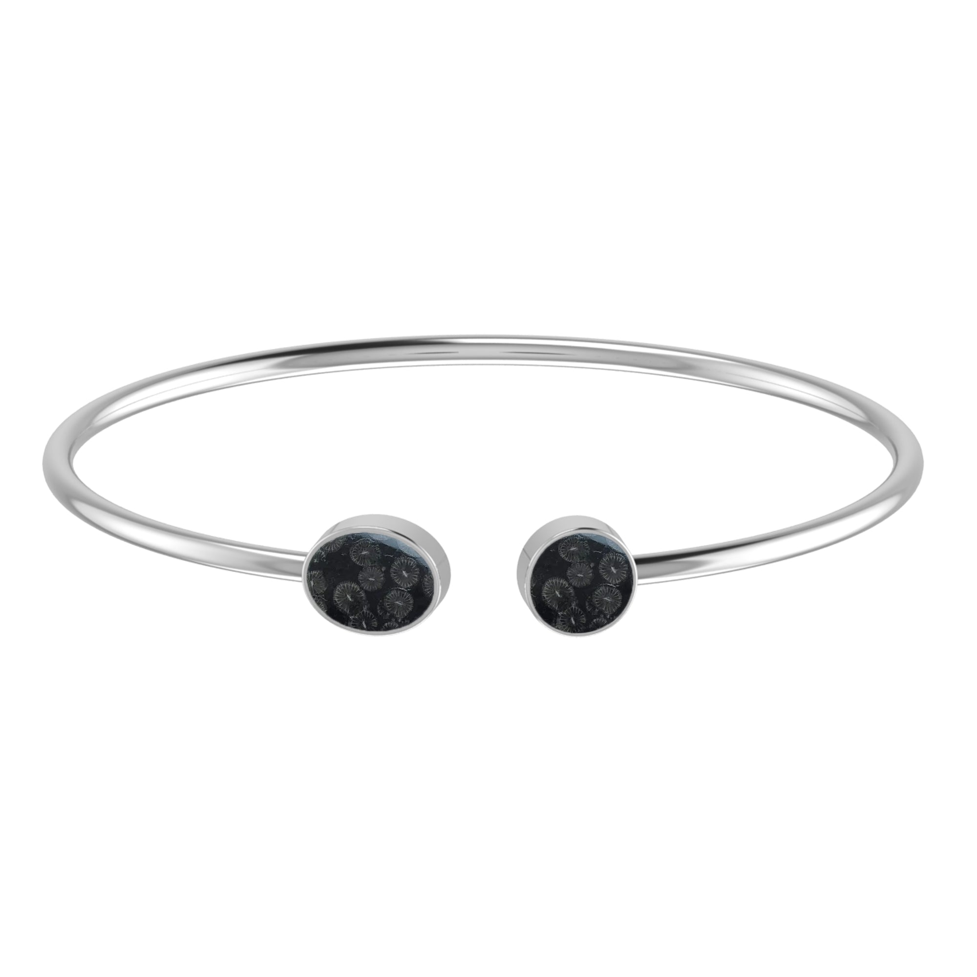 925 Sterling Silver Natural Black Fossil Coral Cab Bangle Jewelry Bezel Set Pack of 1