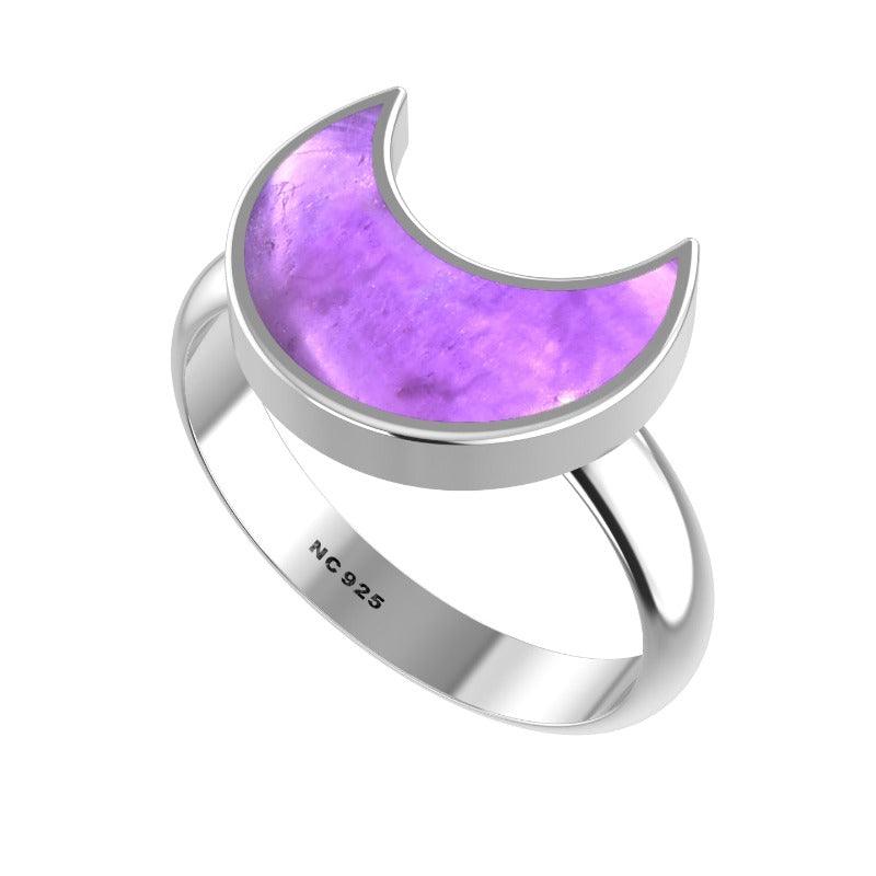 925 Sterling Silver Natural Cab Gemstone Bezel Set Moon Shape Ring Jewelry
