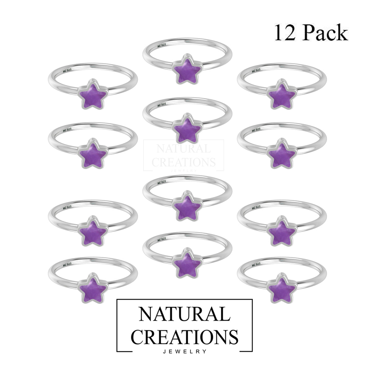 Natural Amethyst Stackable Rings for Women in Sterling Silver (Pack of 12, Bezel-Set)