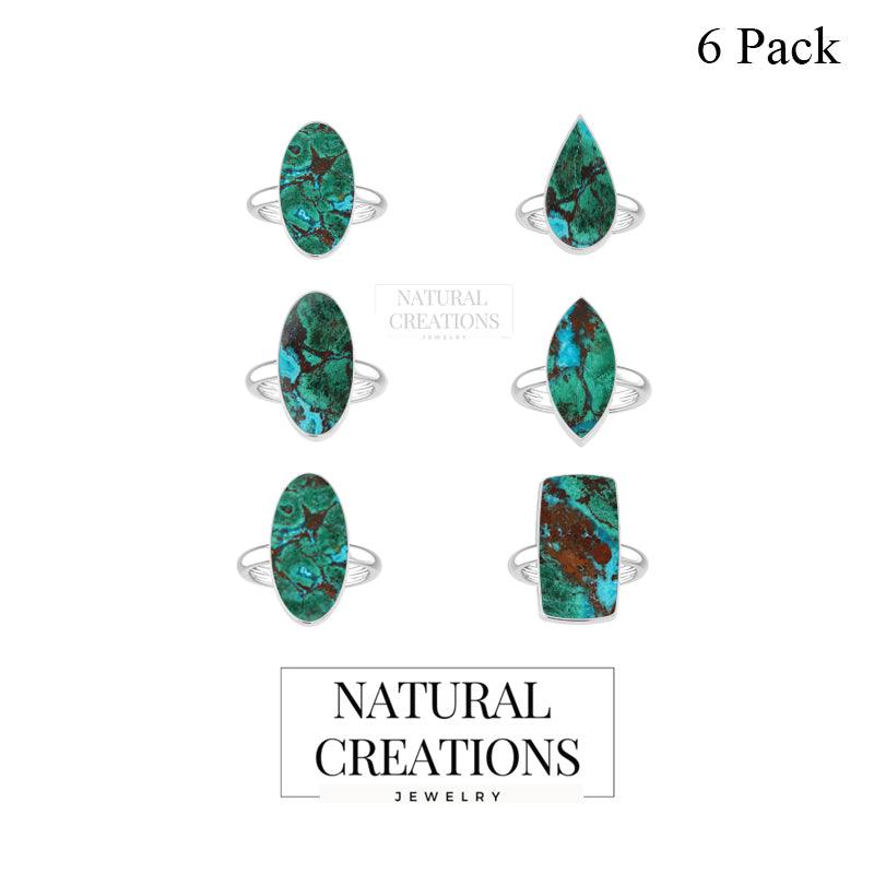 Natural Chrysocolla Rings for Women in Sterling Silver (Pack of 6, Bezel-Set)