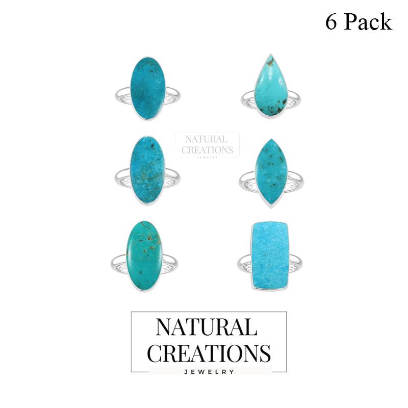 Natural Turquoise Rings for Women in Sterling Silver (Pack of 6, Bezel-Set)