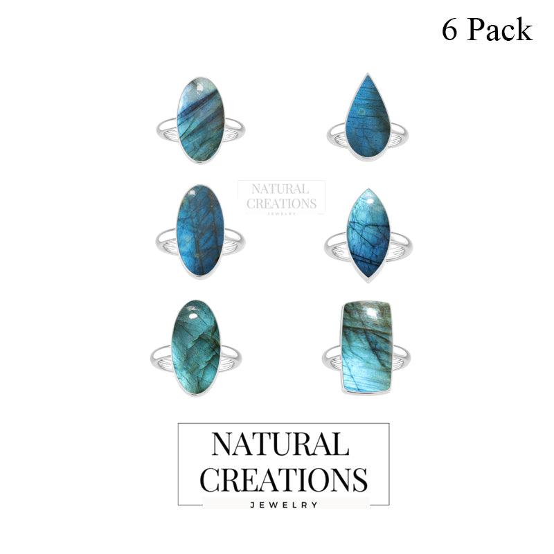 Natural Labradorite Rings for Women in Sterling Silver (Pack of 6, Bezel-Set)