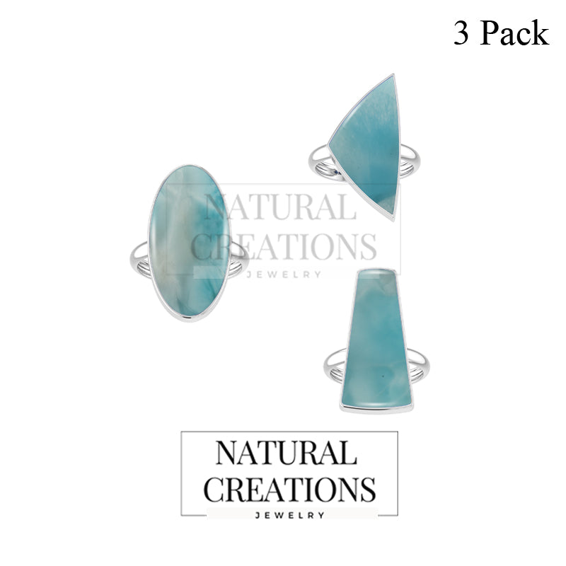 Natural Larimar Rings for Women in Sterling Silver (Pack of 3, Bezel-Set)