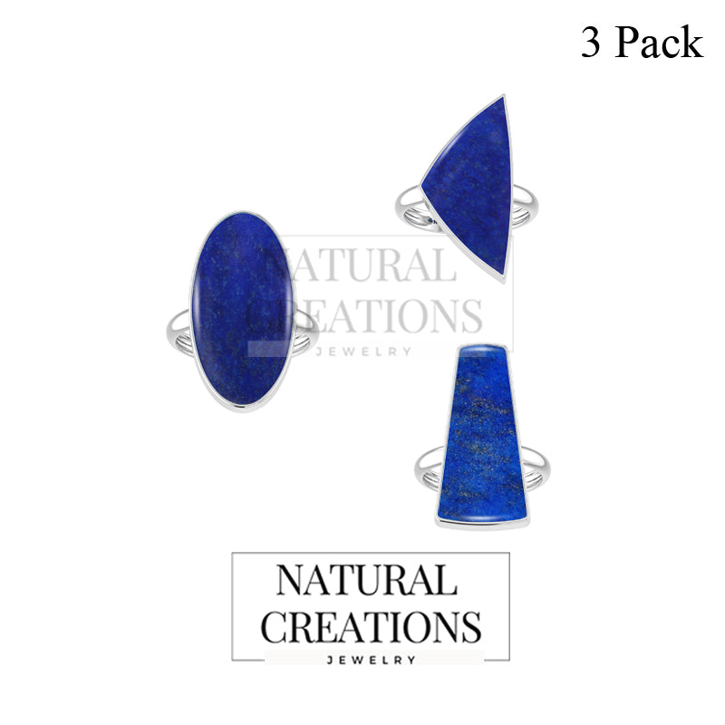Natural Lapis Lazuli Ring 925 Sterling Silver Bezel Set Jewelry Pack of 3 - (Box 9)