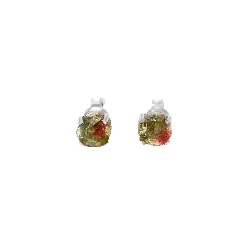 925 Sterling Silver Natural Rough Watermelon Tourmaline Stud Earring Prong Set Handmade Jewelry Pack of 3