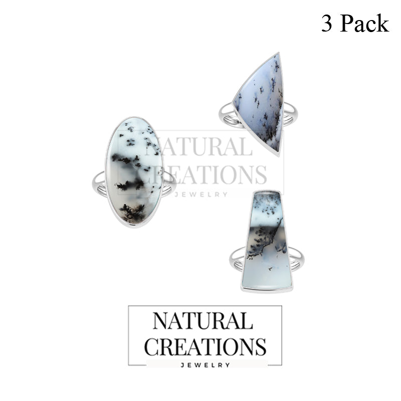 Natural Dendrite Opal Ring 925 Sterling Silver Bezel Set Jewelry Pack of 3 - (Box 9)