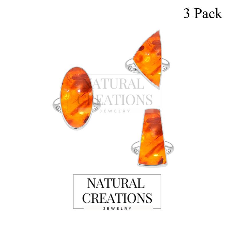 Natural Amber Ring 925 Sterling Silver Bezel Ring Handmade Jewelry Pack of 3 - (Box 9)