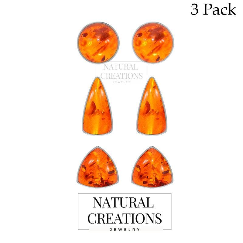 Natural Amber Bezel Studs Earring 925 Sterling Silver Handmade Jewelry Pack Of 3