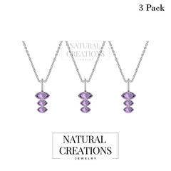 Natural Amethyst Pendants With 18" Inches Chain for Women in Sterling Silver (Pack of 3, Bezel-Set)