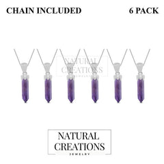 925 Sterling Silver Cut Amethyst Pencil Pendant With Chain 18" Bezel Set Jewelry Pack of 6