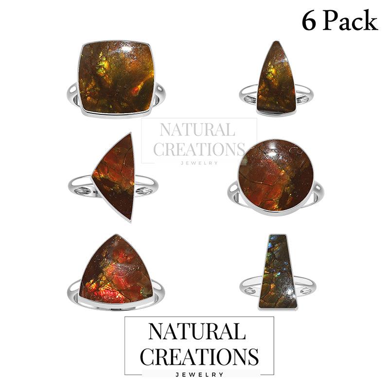 Natural Ammolite Rings for Women in Sterling Silver (Pack of 6, Bezel-Set)