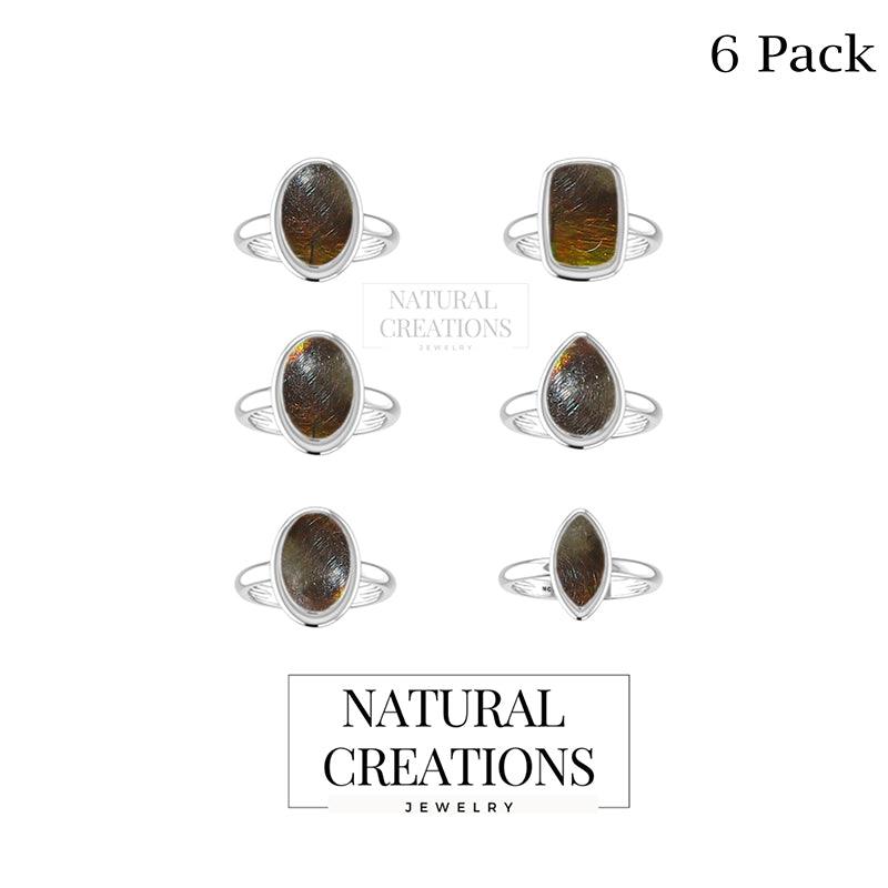 Natural Ammolite Rings for Women in Sterling Silver (Pack of 6, Bezel-Set)