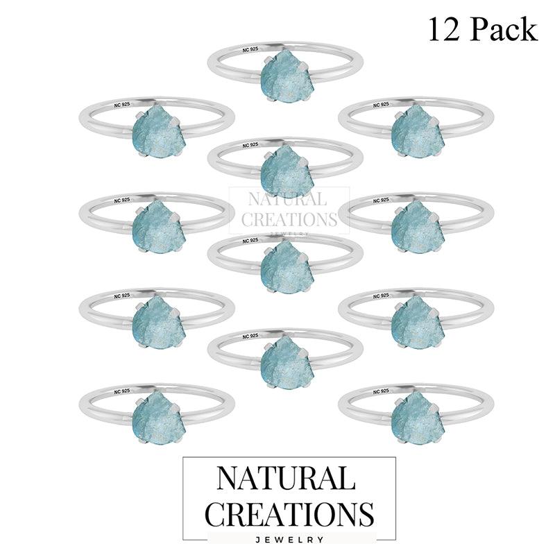 Natural Rough Aquamarine Ring 925 Sterling Silver Prong Set Handmade Jewelry Pack of 12