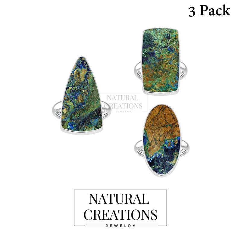 Natural Azurite Malachite Ring 925 Sterling Silver Bezel Set Handmade Jewelry Pack of 3 - (Box 11)