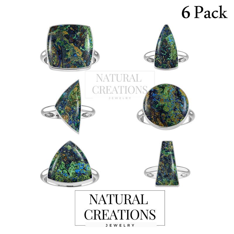 925 Sterling Silver Natural Azurite Malachite Ring Bezel Set Jewelry Pack of 6 - (Box 8)