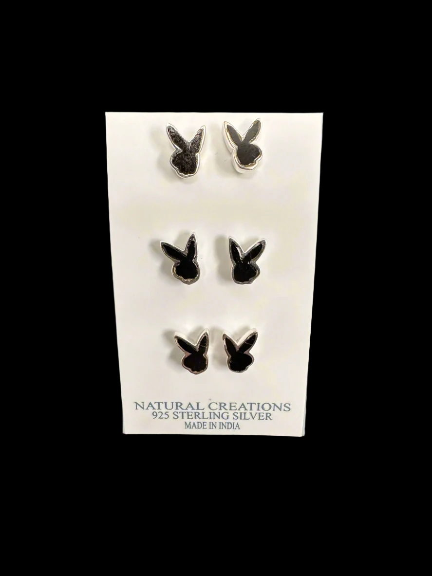 Natural Black Tourmaline Bunny Stud Earrings for Women in Sterling Silver