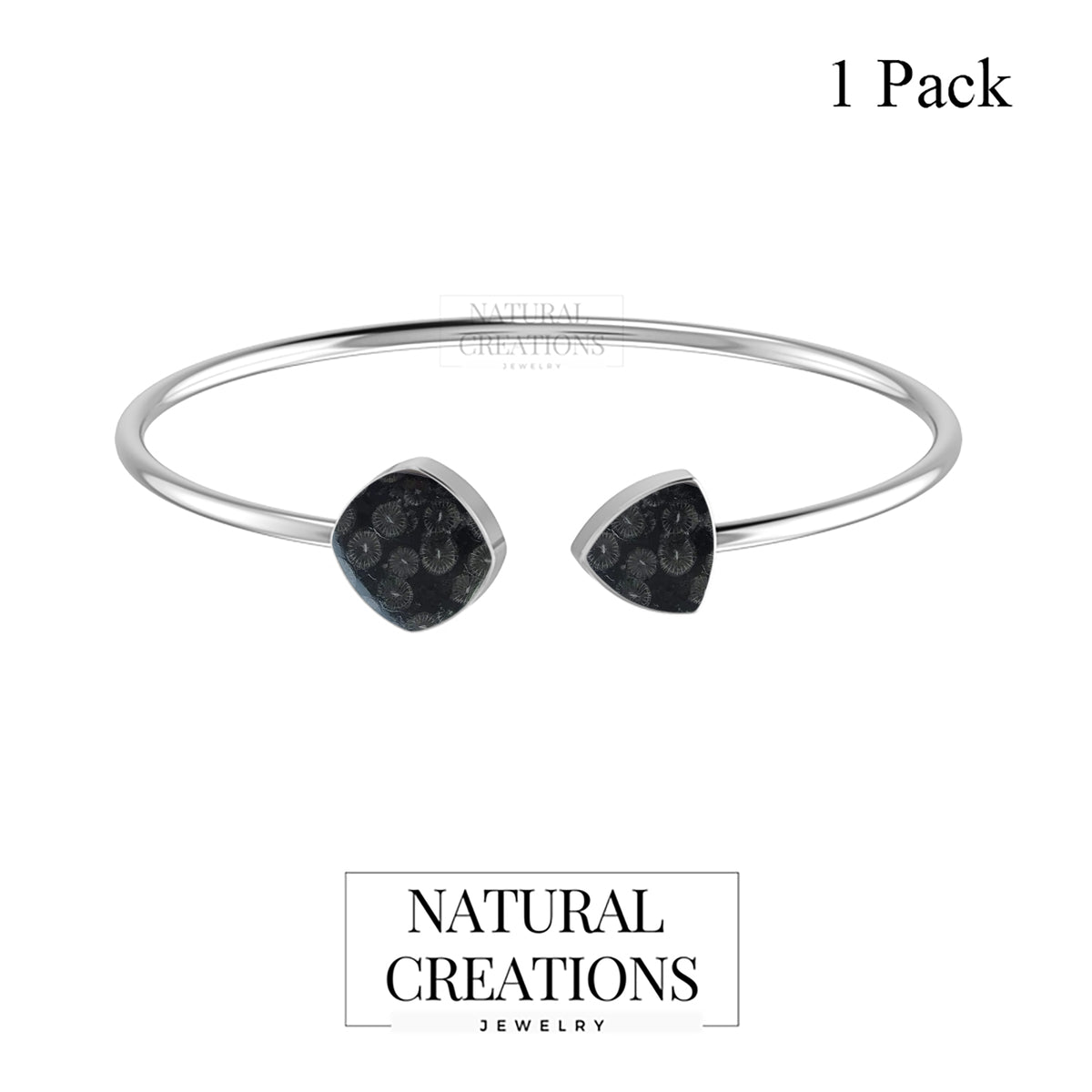 925 Sterling Silver Natural Black Fossil Coral Cab Bangle Jewelry Bezel Set Pack of 1