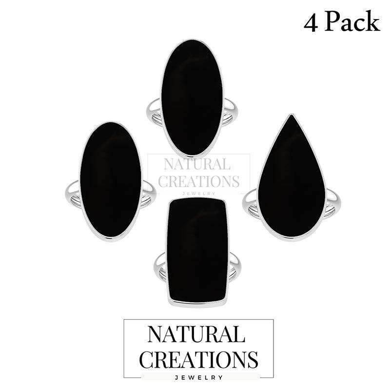 Natural Black Onyx Rings for Women in Sterling Silver (Pack of 4, Bezel-Set)