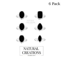 Natural Black Onyx Rings for Women in Sterling Silver (Pack of 6, Bezel-Set)