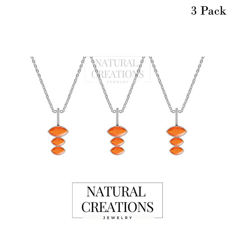 Natural Carnelian Pendants With 18" Inches Chain for Women in Sterling Silver (Pack of 3, Bezel-Set)