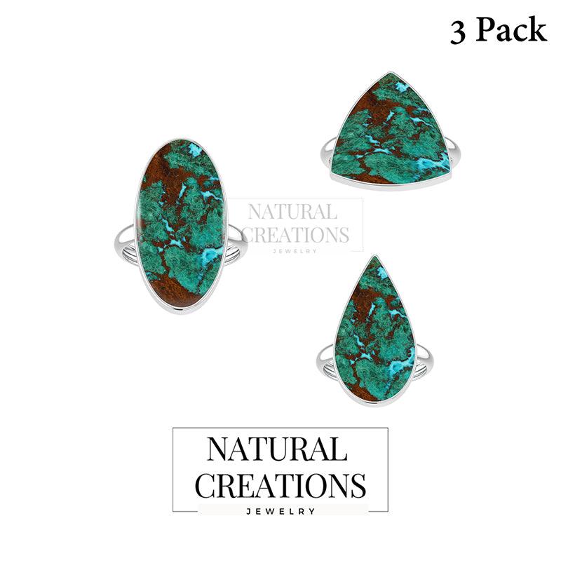 925 Sterling Silver Natural Chrysocolla Ring Bezel Set Handmade Jewelry Pack of 3 - (Box 10)