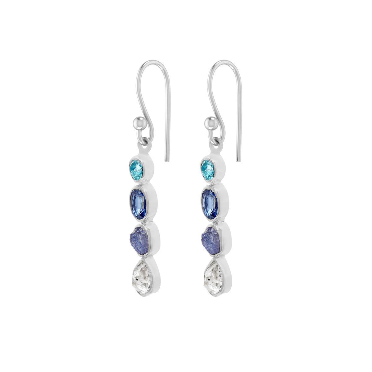 Designer Herkimer Diamond Earrings Studded With Paraiba Apatite & Tanzanite & Kyanite