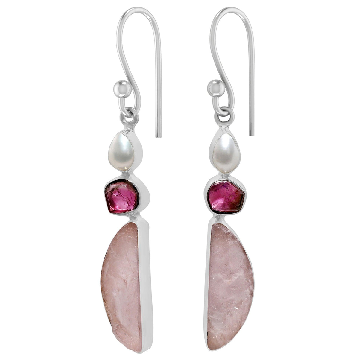 Designer Rose Quartz Earrings Studded With Pearl & Ruby