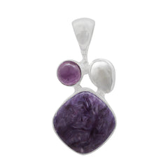 Designer Amethyst Pendant Studded With Charoite & Pearl