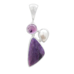 Designer Amethyst Pendant Studded With Charoite & Pearl