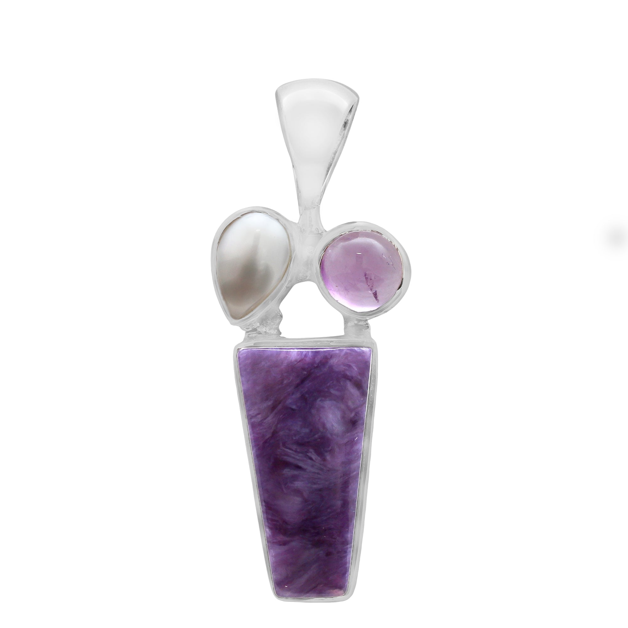Designer Amethyst Pendant Studded With Charoite & Pearl