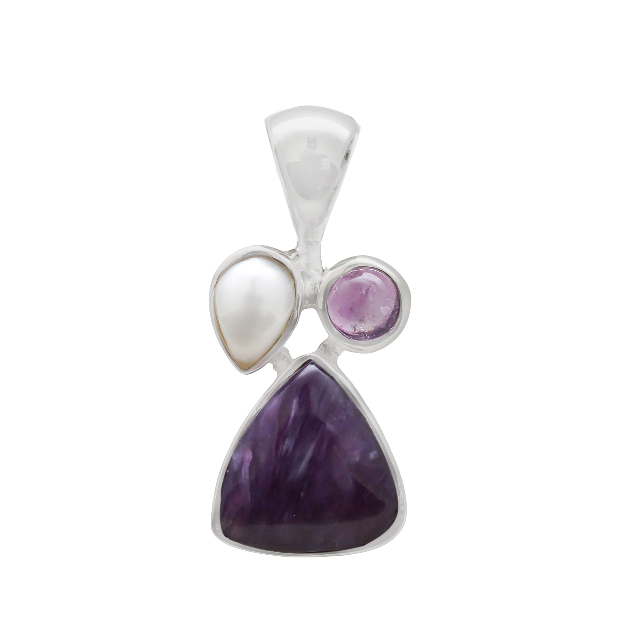 Designer Amethyst Pendant Studded With Charoite & Pearl