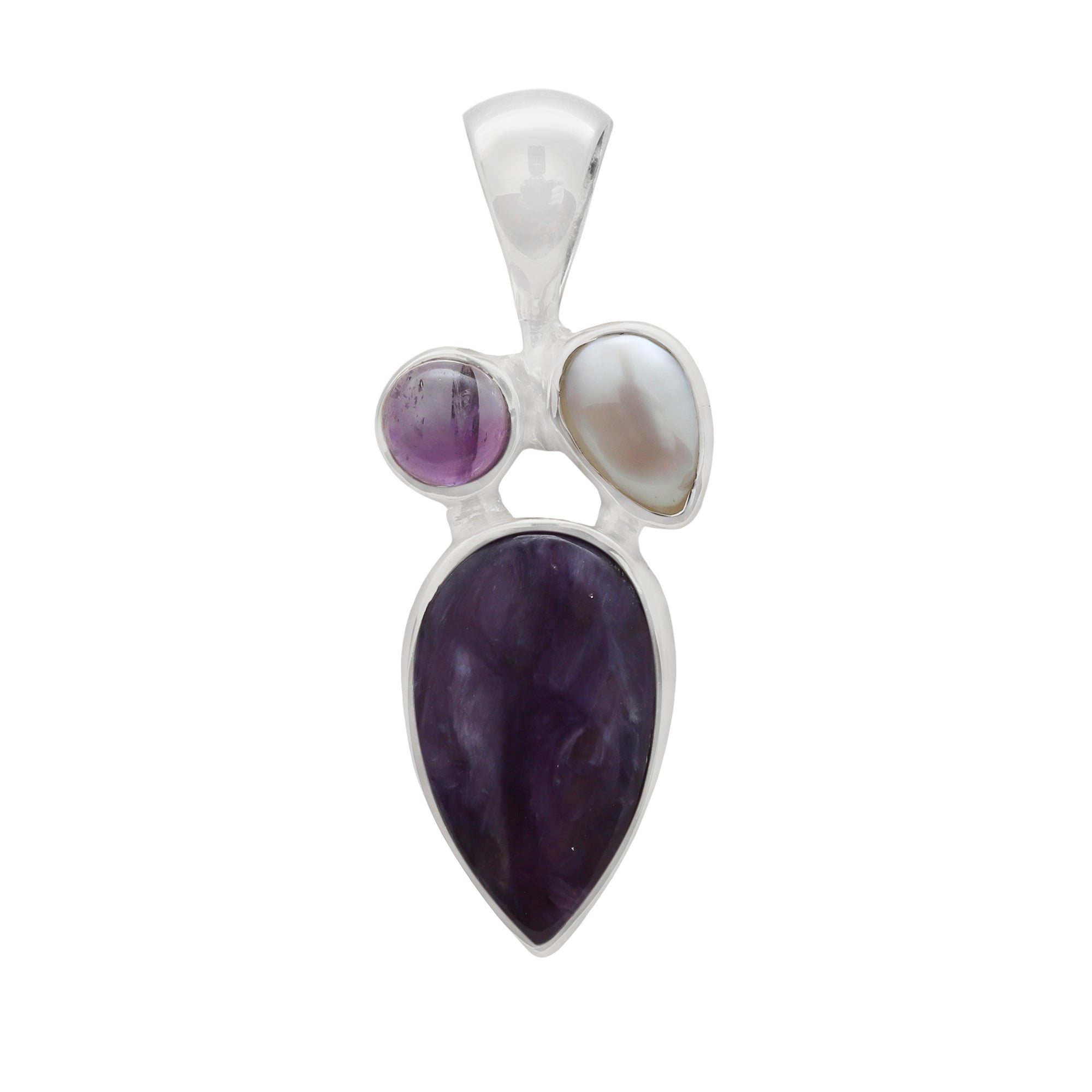 Designer Amethyst Pendant Studded With Charoite & Pearl