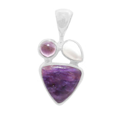 Designer Amethyst Pendant Studded With Charoite & Pearl