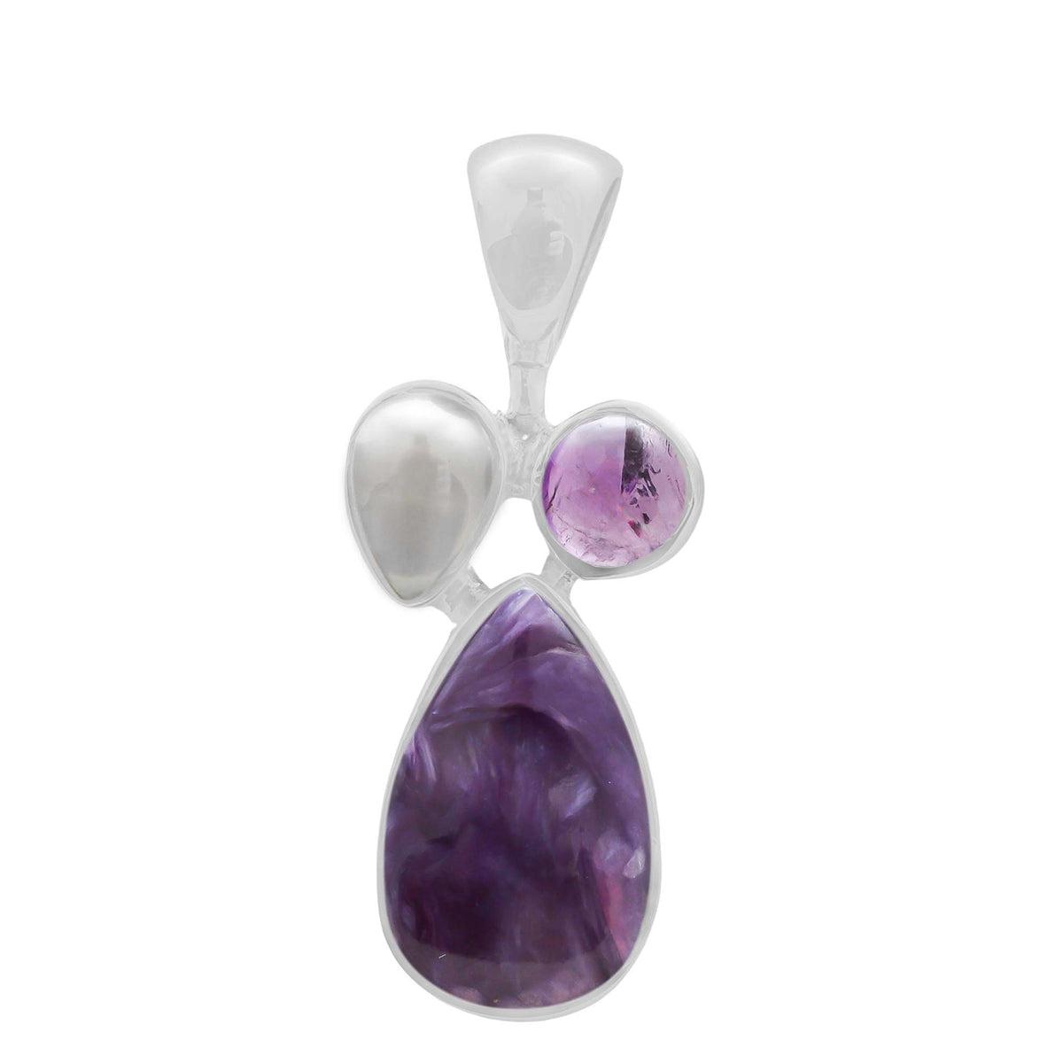 Designer Amethyst Pendant Studded With Charoite & Pearl
