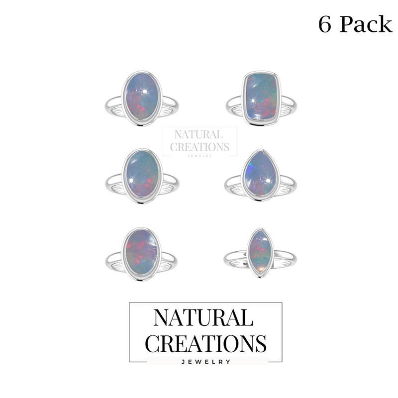 Natural Ethiopian Opal Rings for Women in Sterling Silver (Pack of 6, Bezel-Set)