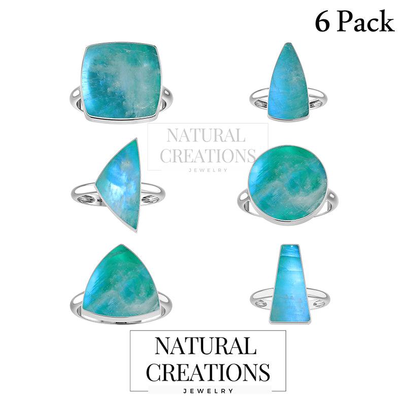 925 Sterling Silver Natural Green Moonstone Stone Ring Bezel Set Jewelry Pack of 6 - (Box 8)