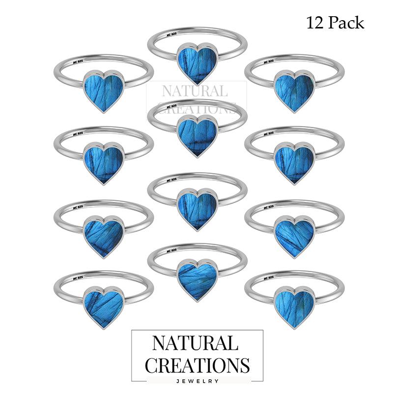 Natural Labradorite Stackable Rings for Women in Sterling Silver (Pack of 12, Bezel-Set)