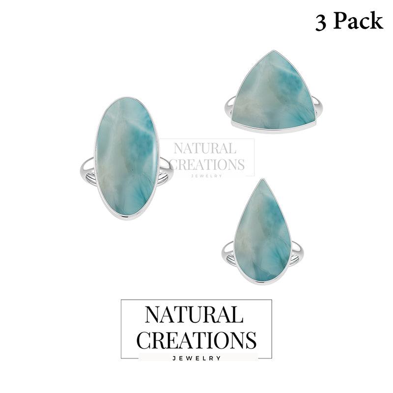 Natural Larimar Ring 925 Sterling Silver Bezel Set Handmade Jewelry Pack of 3 - (Box 10)