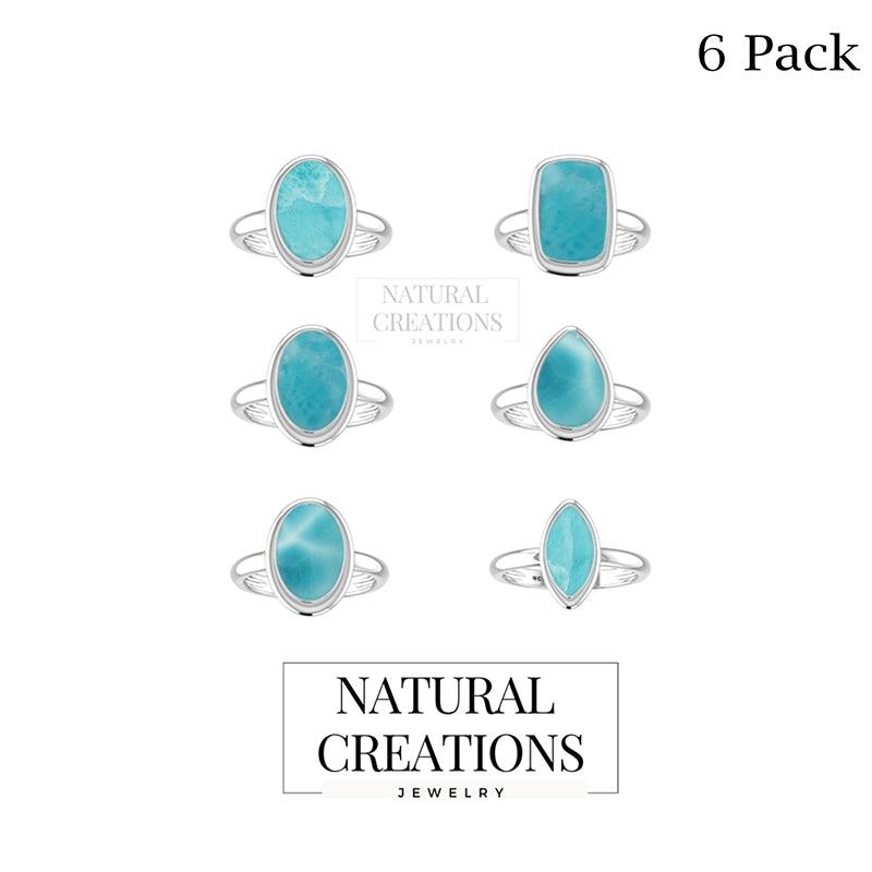 Natural Larimar Rings for Women in Sterling Silver (Pack of 6, Bezel-Set)