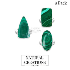 Natural Malachite Ring 925 Sterling Silver Bezel Set Handmade Jewelry Pack of 3 - (Box 11)