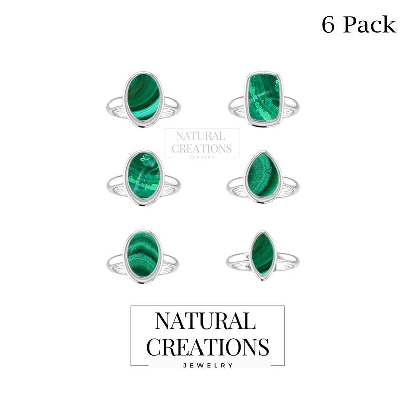 Natural Malachite Ring 925 Sterling Silver Malachite Handmade Jewelry Pack of 6 - (Box 3)