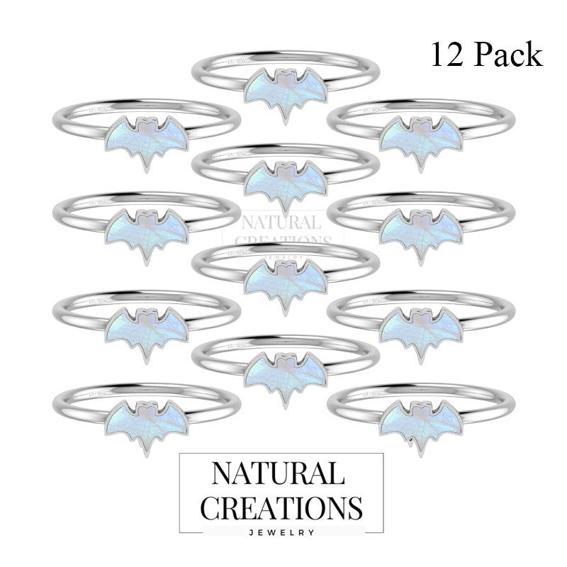 Natural Rainbow Moonstone Bat Ring 925 Sterling Silver Bezel Set Handmade Jewelry Pack of 12