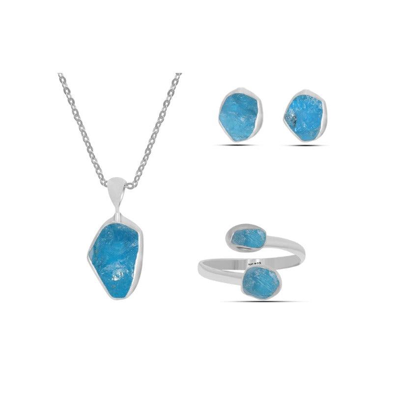925 Sterling Silver Rough Neon Apatite Gift Set Bezel Set Jewelry Pack of 1