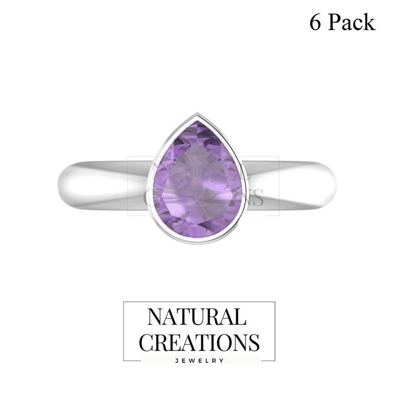 925 Sterling Silver Natural Cut Amethyst Stone Ring Bezel Set Jewelry Pack of 6